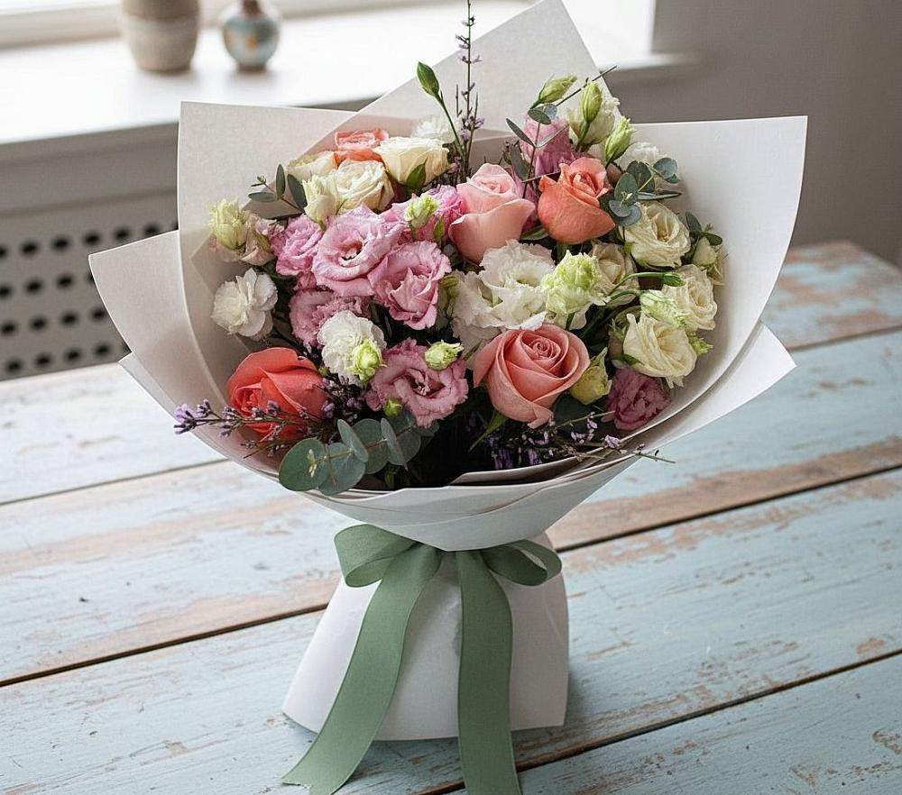 Букет цветов из: Розы, Лизиантусы и Гвоздики в Элисте